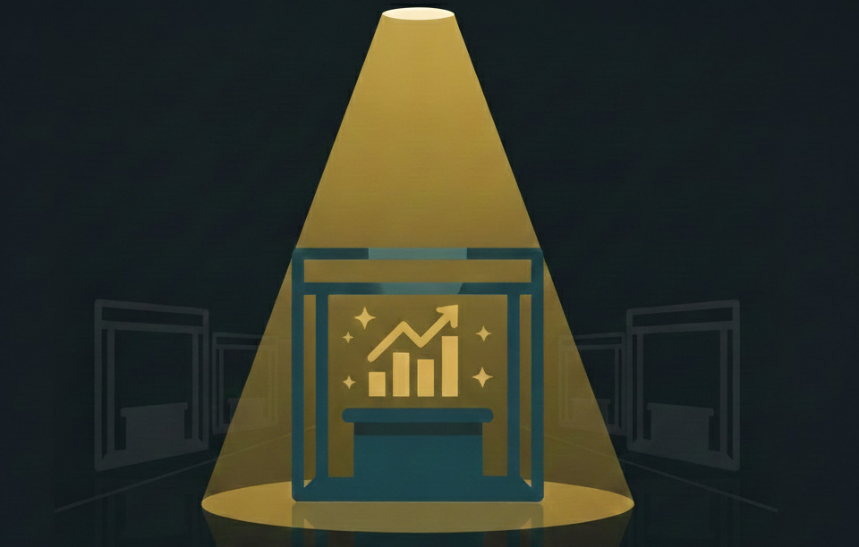 Trade show booth under a spotlight with growth graph